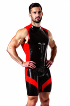 Joylgbt Men’s High-Neck PU Singlet Bodysuit – Glossy Black with Yellow Accents	