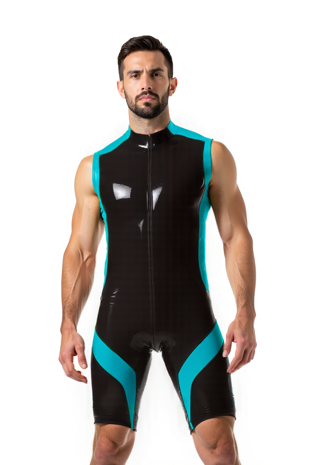 Joylgbt Men’s High-Neck PU Singlet Bodysuit – Glossy Black with Yellow Accents	