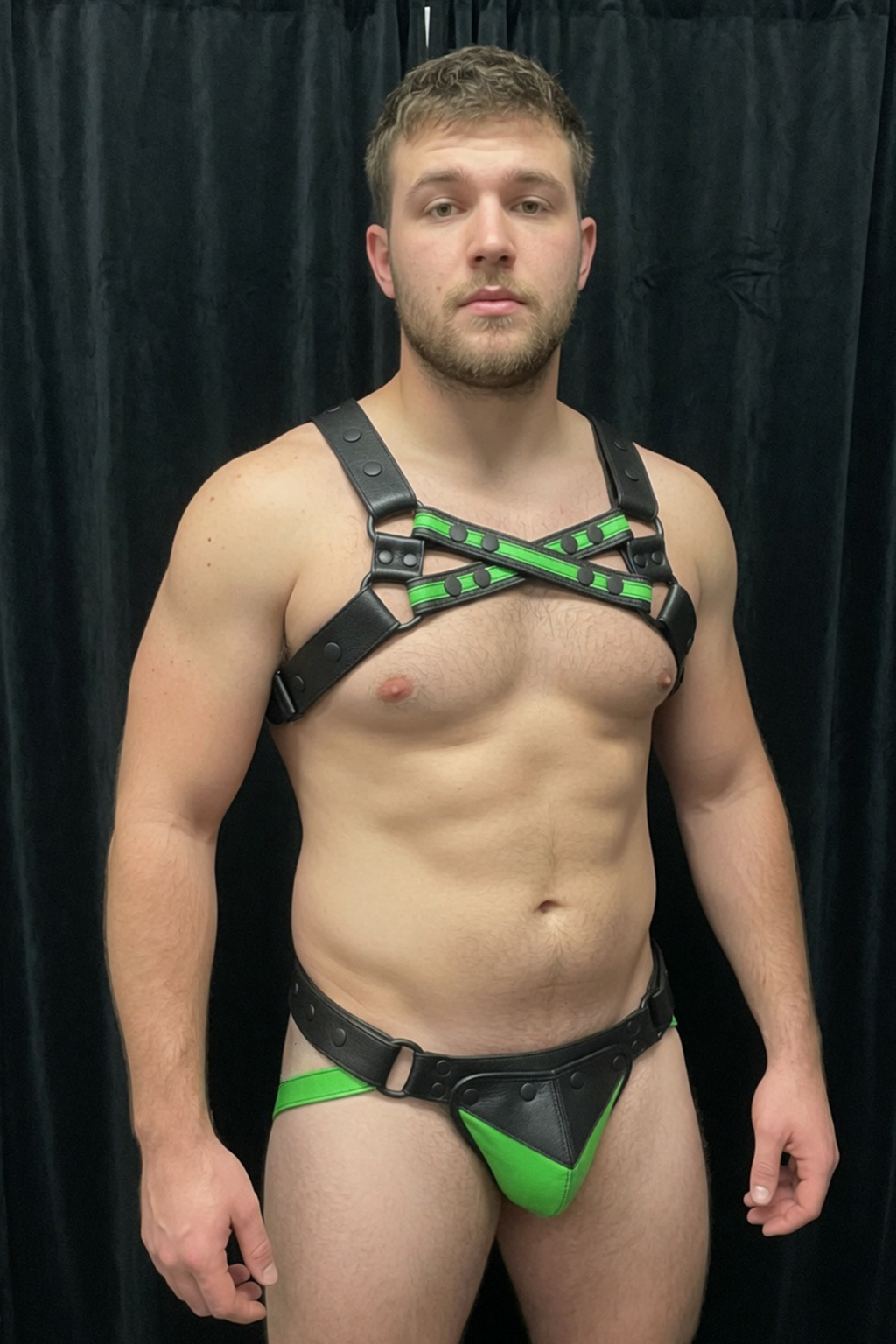 Joyglove Black & Green PU Leather Harness Set with X-Back + Jockstrap