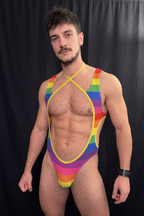 Joyglove Rainbow Striped Open-Front Bodysuit Harness with Cross-Neck Straps
