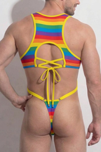 Joylgbt Men's Rainbow Stripe Cutout One-Piece Harness Bodysuit 	