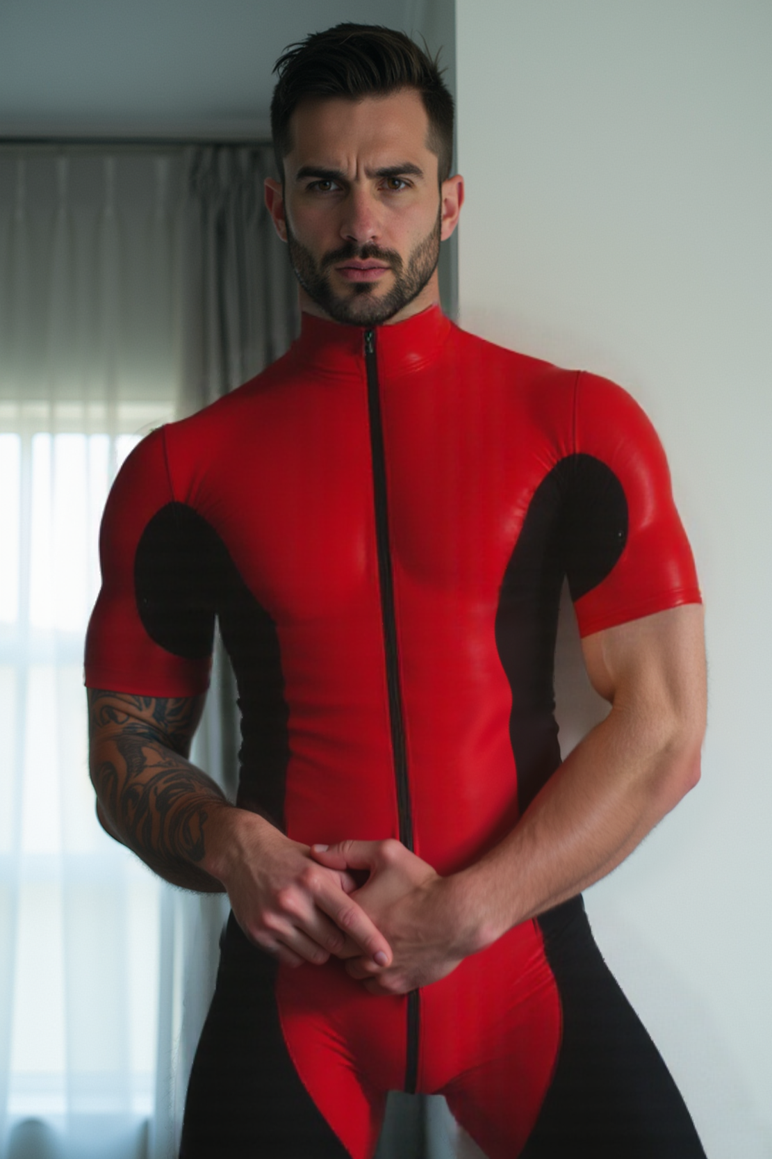 Joyglove Red & Black PU Leather Bodysuit – Short Sleeve Zip-Up Design
