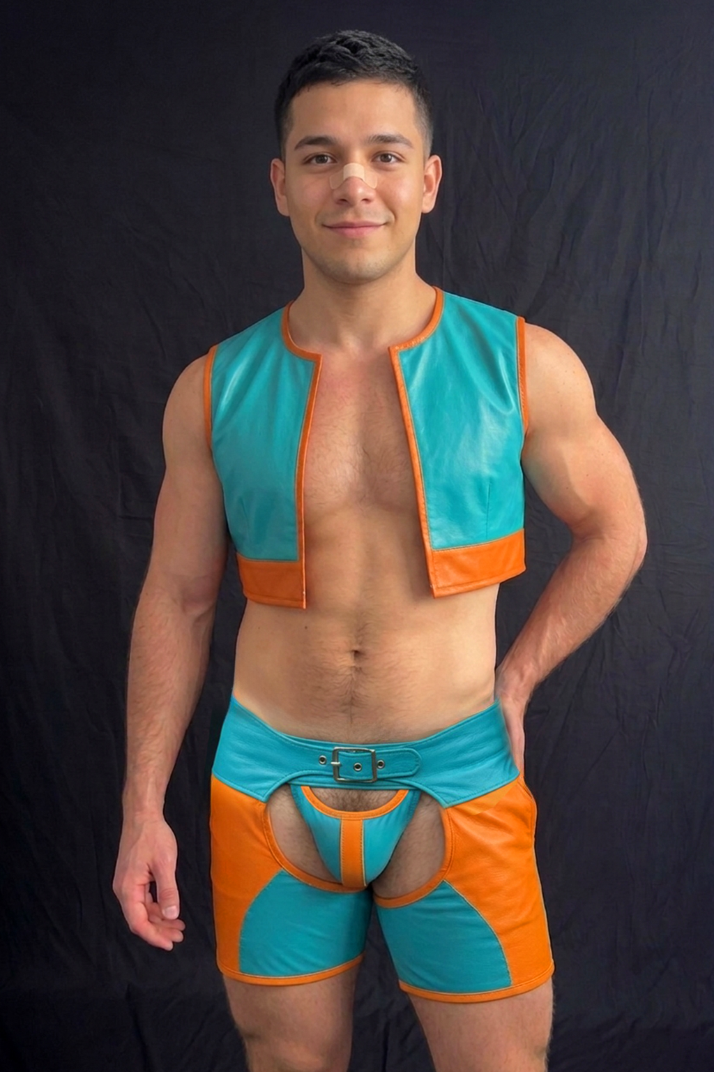 Joyglove Men’s Colorblock PU Leather Cutout Shorts and Cropped Vest Set
