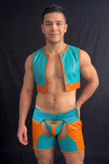 Joyglove Men’s Colorblock PU Leather Cutout Shorts and Cropped Vest Set