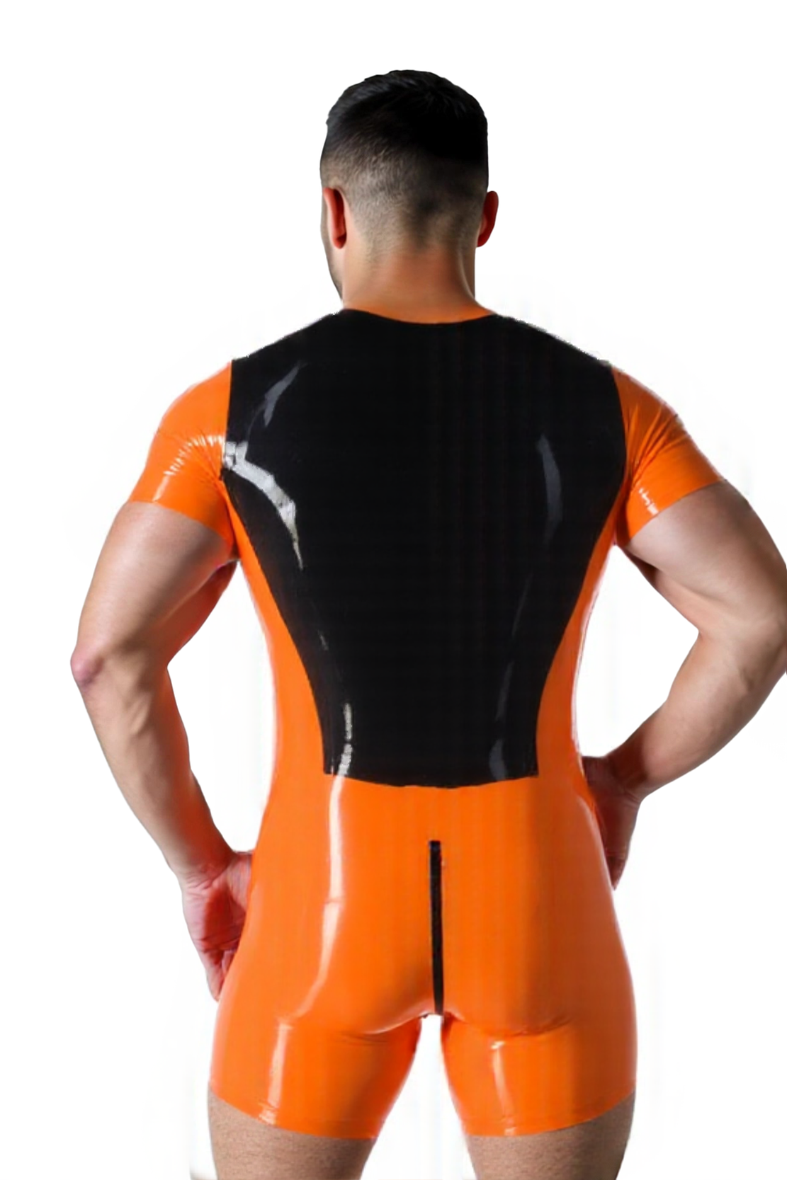 Joyglove Orange & Black Fitted Zip-Front PU Leather Bodysuit
