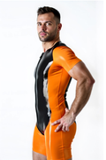 Joyglove Orange & Black Fitted Zip-Front PU Leather Bodysuit