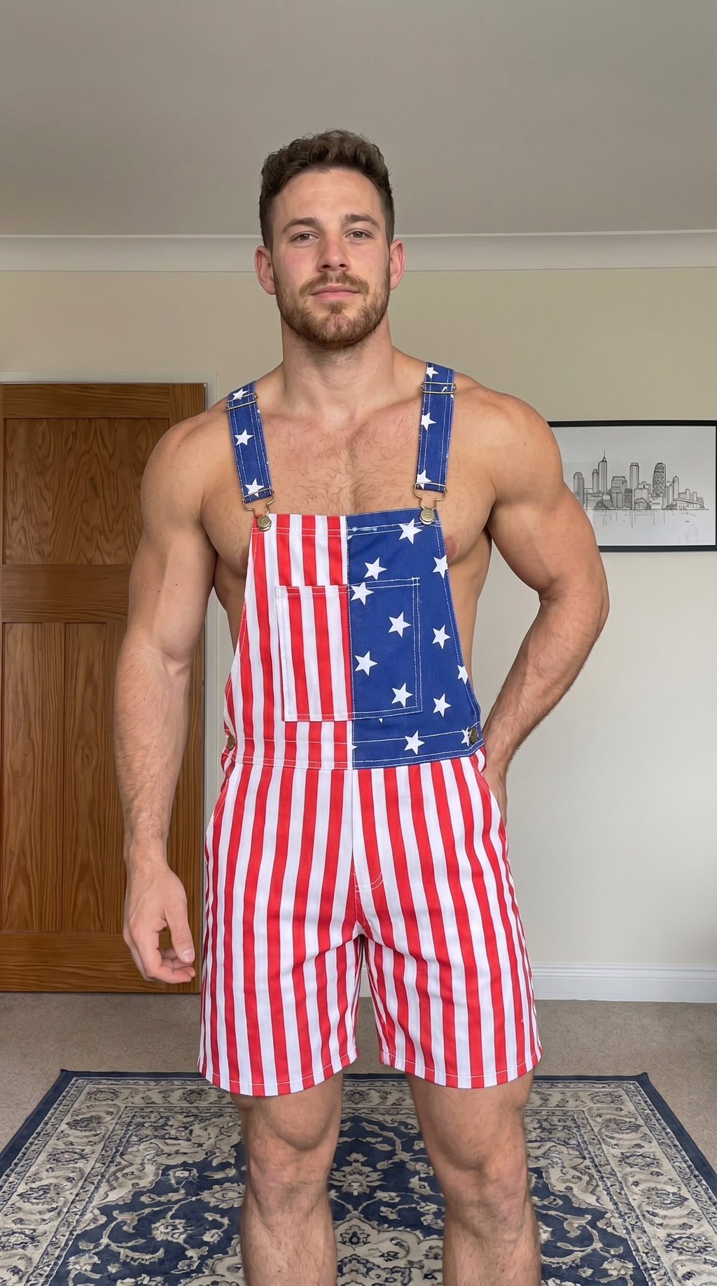 Joyglove Men's American Flag Short Overalls Patriotic Striped Bib Romper with Open Back