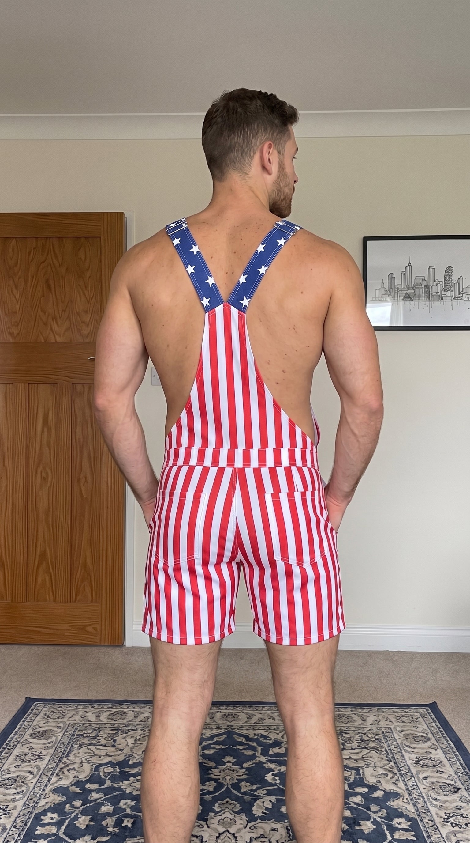 Joyglove Men's American Flag Short Overalls Patriotic Striped Bib Romper with Open Back