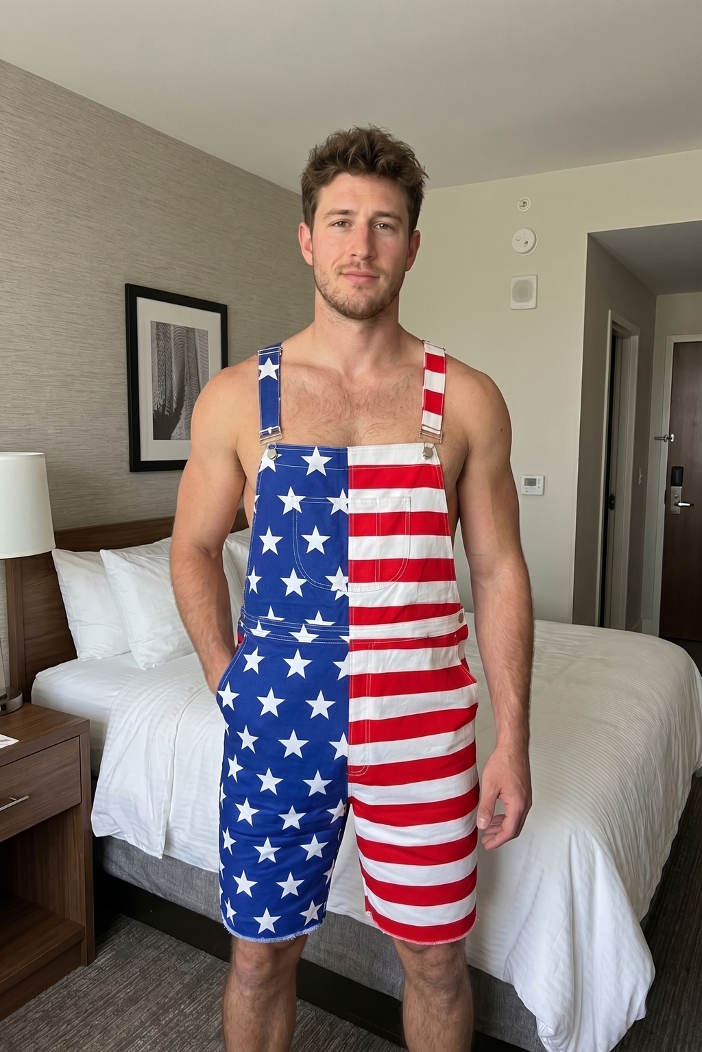 Joyglove Men's American Flag Bib Overalls Patriotic Sleeveless Long Shorts Jumpsuit