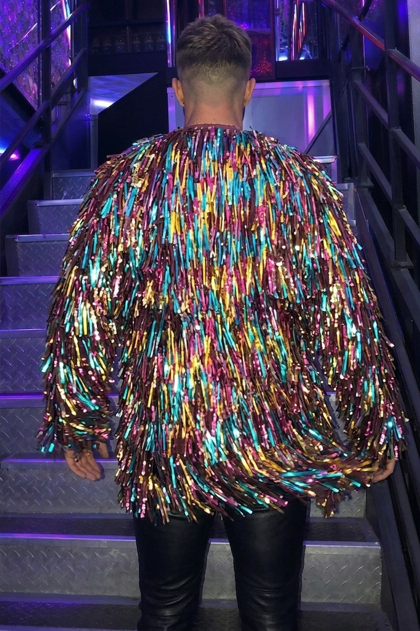 Joyglove Men’s Multicolor Sequin Fringe Jacket, Shiny Festival Party Statement Coat