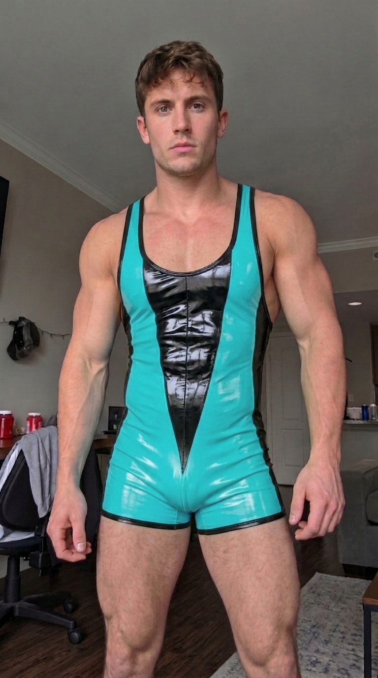 Joyglove Men's PU Leather Look Color Block Wrestling Singlet Sleeveless Short Bodysuit in Black and Neon Green