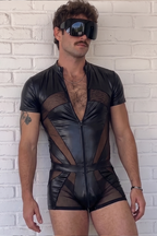Joyglove Men’s Black Mesh Panel Romper, Shiny Slim Fit Zip-Up Short Jumpsuit