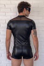 Joyglove Men’s Black Mesh Panel Romper, Shiny Slim Fit Zip-Up Short Jumpsuit