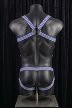 Joyglove Men's Blue Striped Strap Harness Set with Ring Detail and Open Frame Design