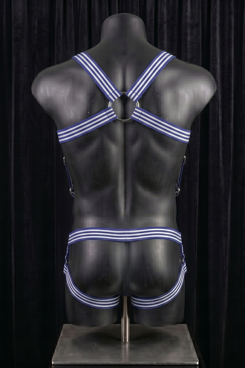 Joyglove Men's Blue Striped Strap Harness Set with Ring Detail and Open Frame Design