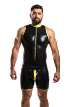 Joyglove Sleeveless Glossy Black Bodysuit with Yellow Trim and Zipper Front