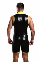 Joyglove Sleeveless Glossy Black Bodysuit with Yellow Trim and Zipper Front