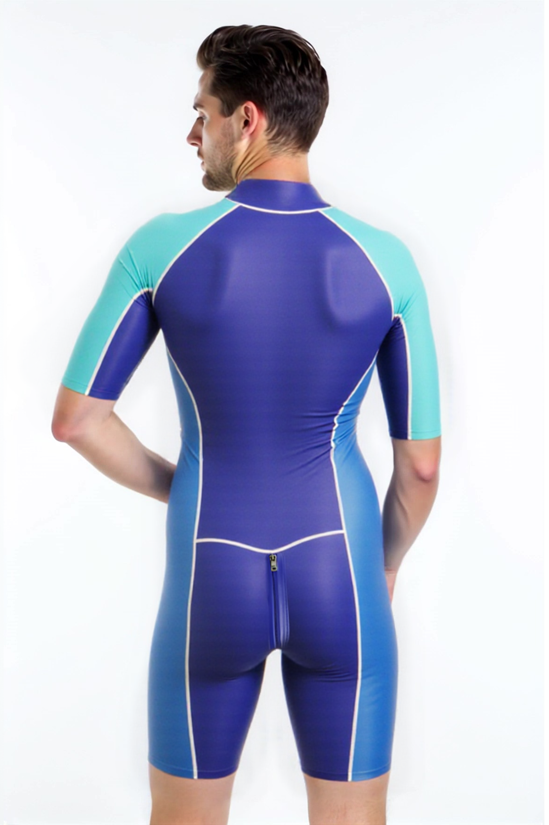 Joyglove Two-Tone Blue PU Leather Bodysuit – Gloss Finish with Front Zipper & Rear Access