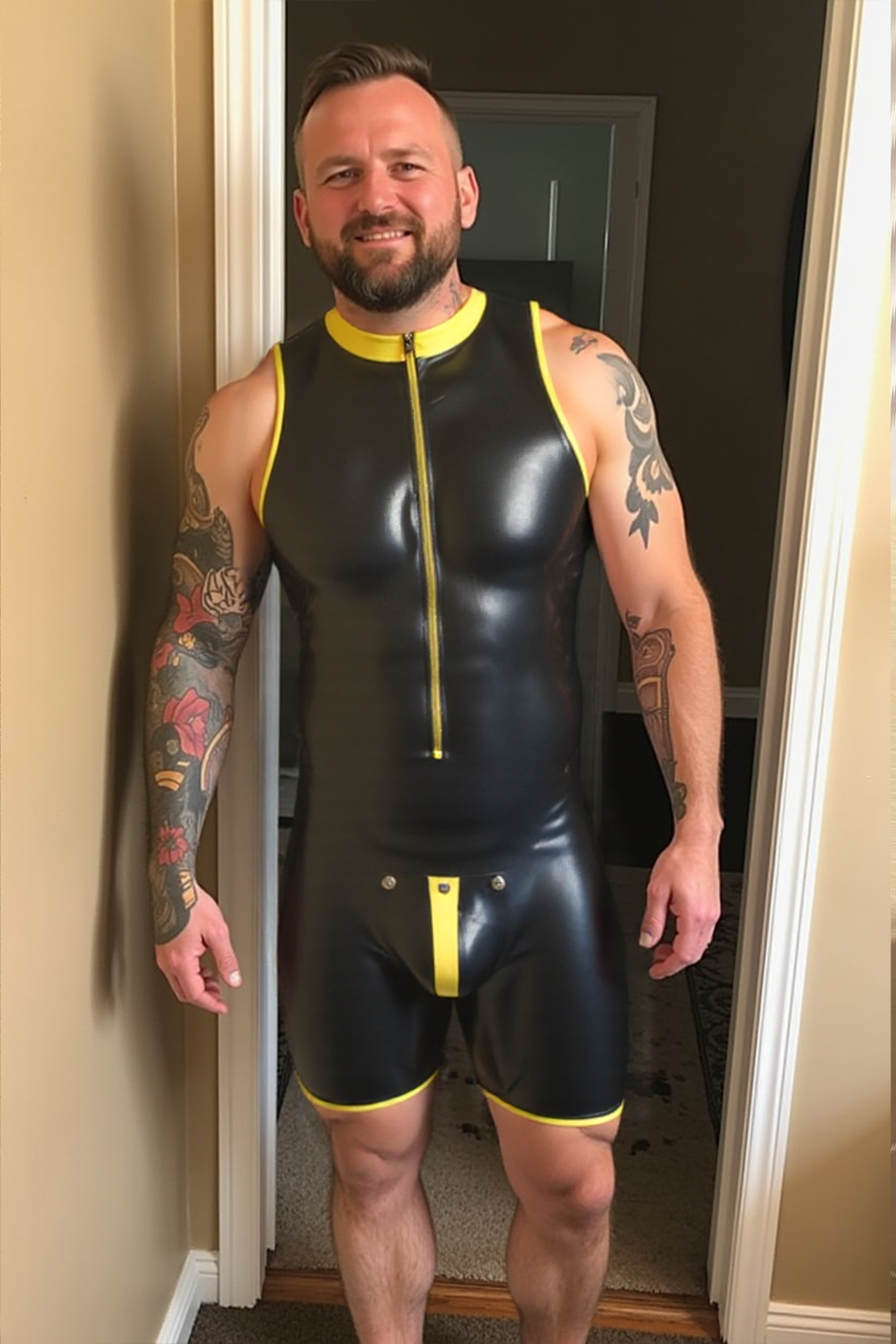 Joyglove Sleeveless Glossy Black Bodysuit with Yellow Trim and Zipper Front