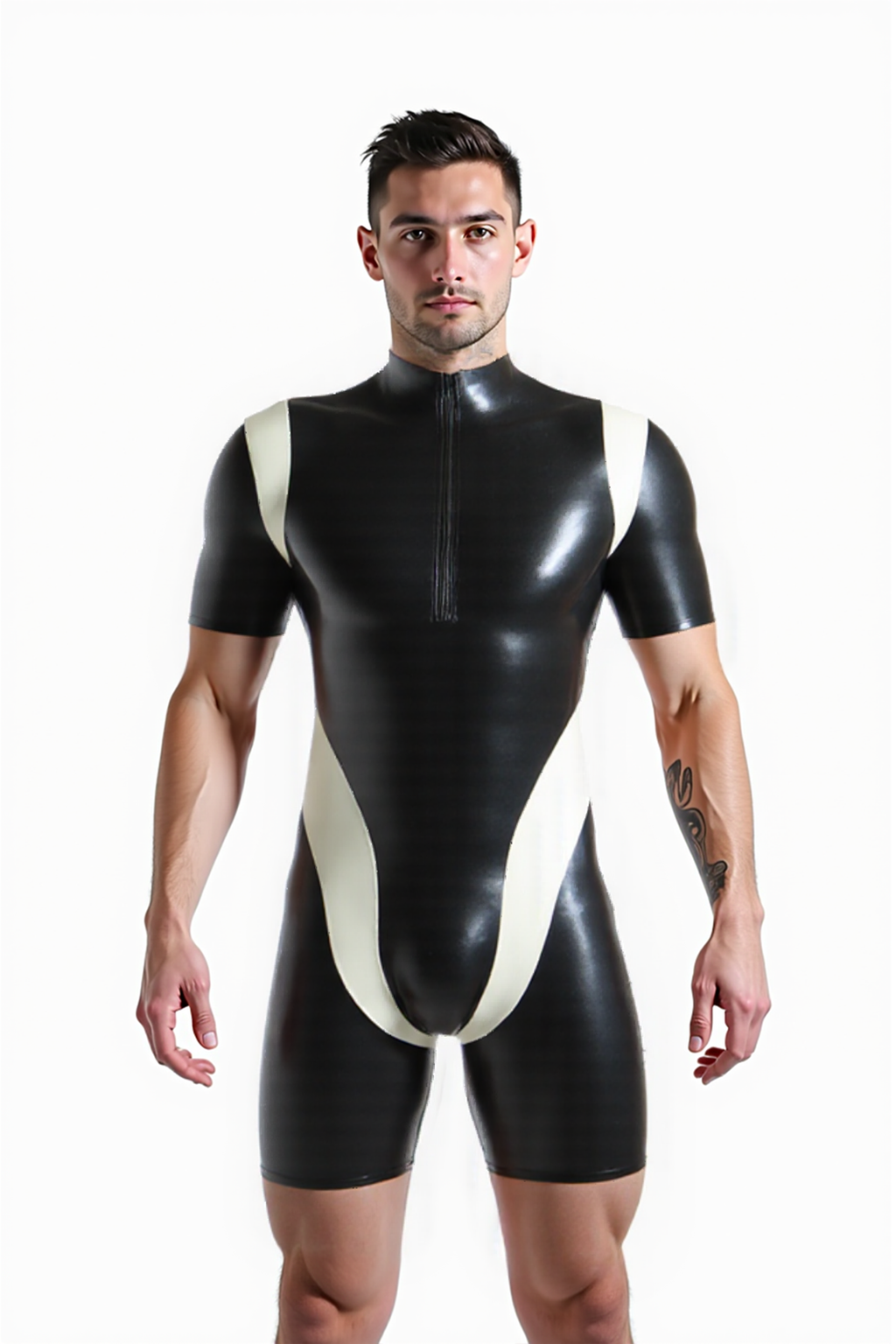 Joyglove Black & White Glossy Bodysuit – Short Sleeve One-Piece with Front Zip