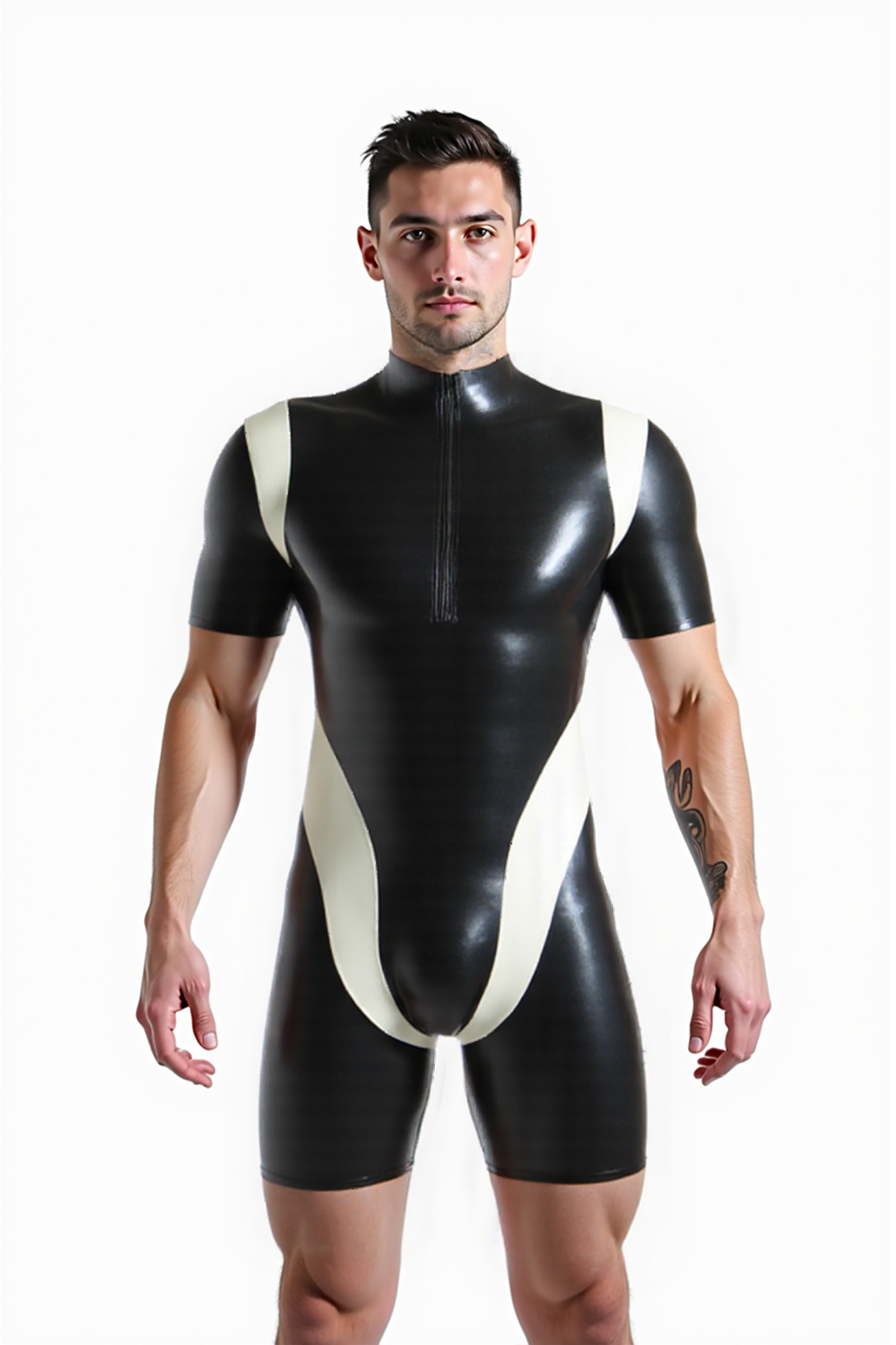Joyglove Black & White Glossy Bodysuit – Short Sleeve One-Piece with Front Zip