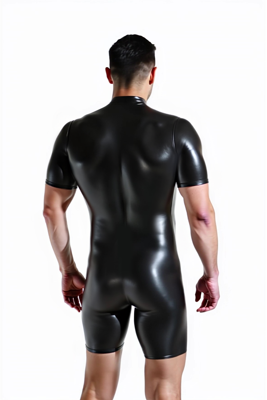 Joyglove Black & White Glossy Bodysuit – Short Sleeve One-Piece with Front Zip