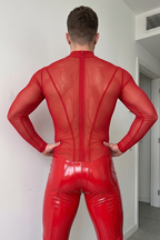 Joyglove Men’s Red One-Piece Bodysuit – Sheer Mesh Top + Shiny PU Leather Bottom, Back Zip
