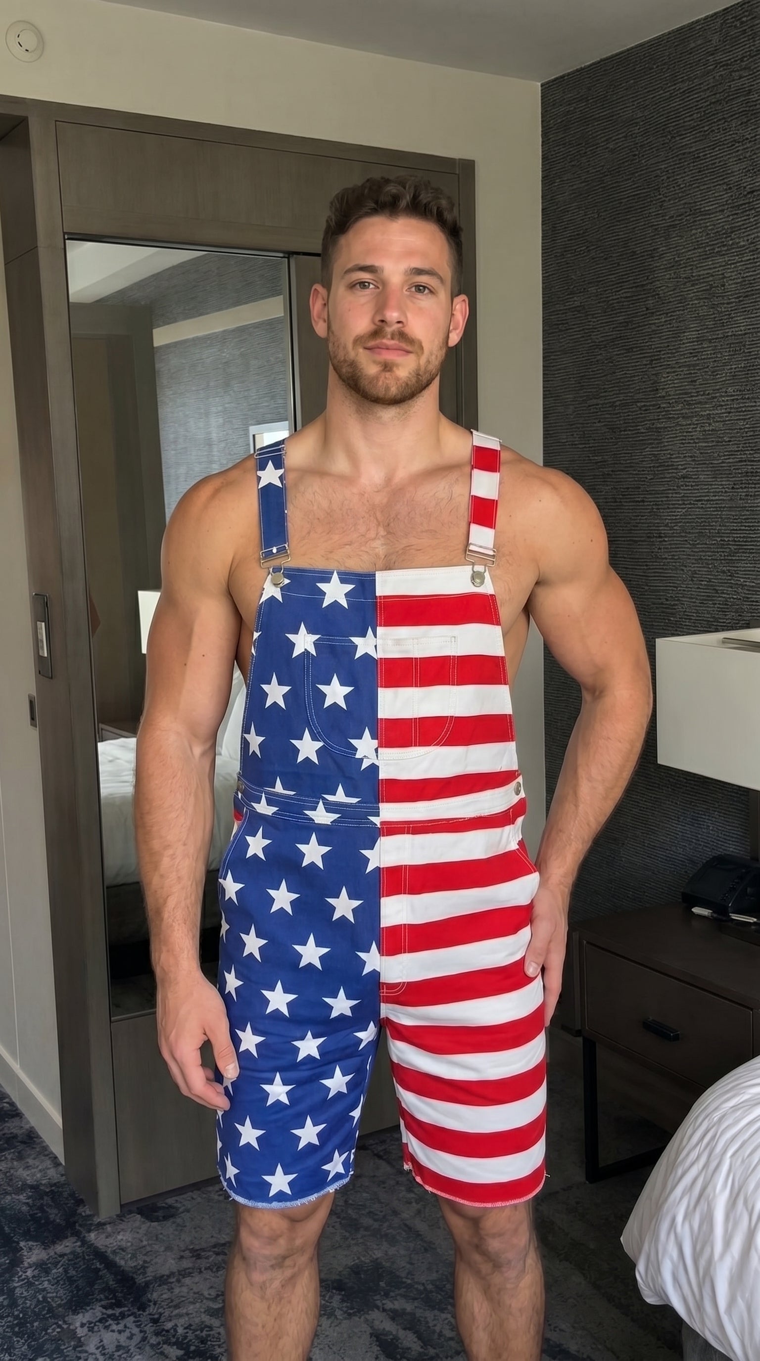 Men's American Flag Overall Shorts - Patriotic USA Shortalls