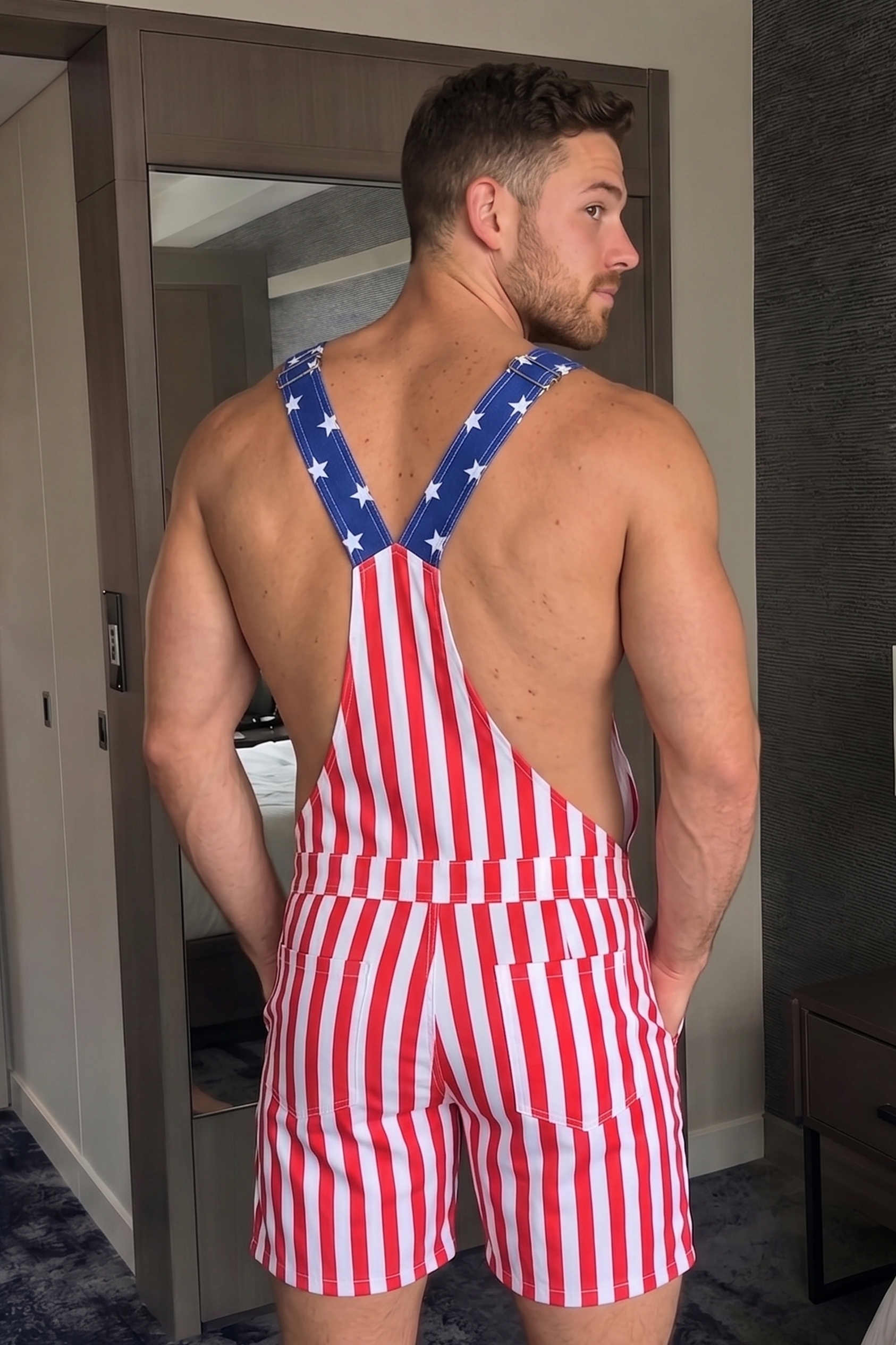 Men's American Flag Overall Shorts - Patriotic USA Shortalls