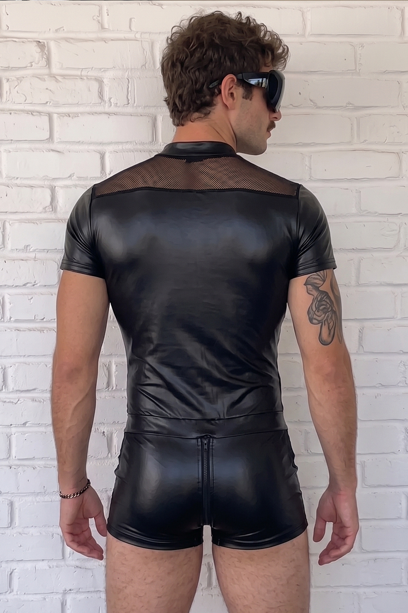 Men's Black Faux Leather Romper with Mesh Panels – Short Sleeve Zip-Up One-Piece Outfit