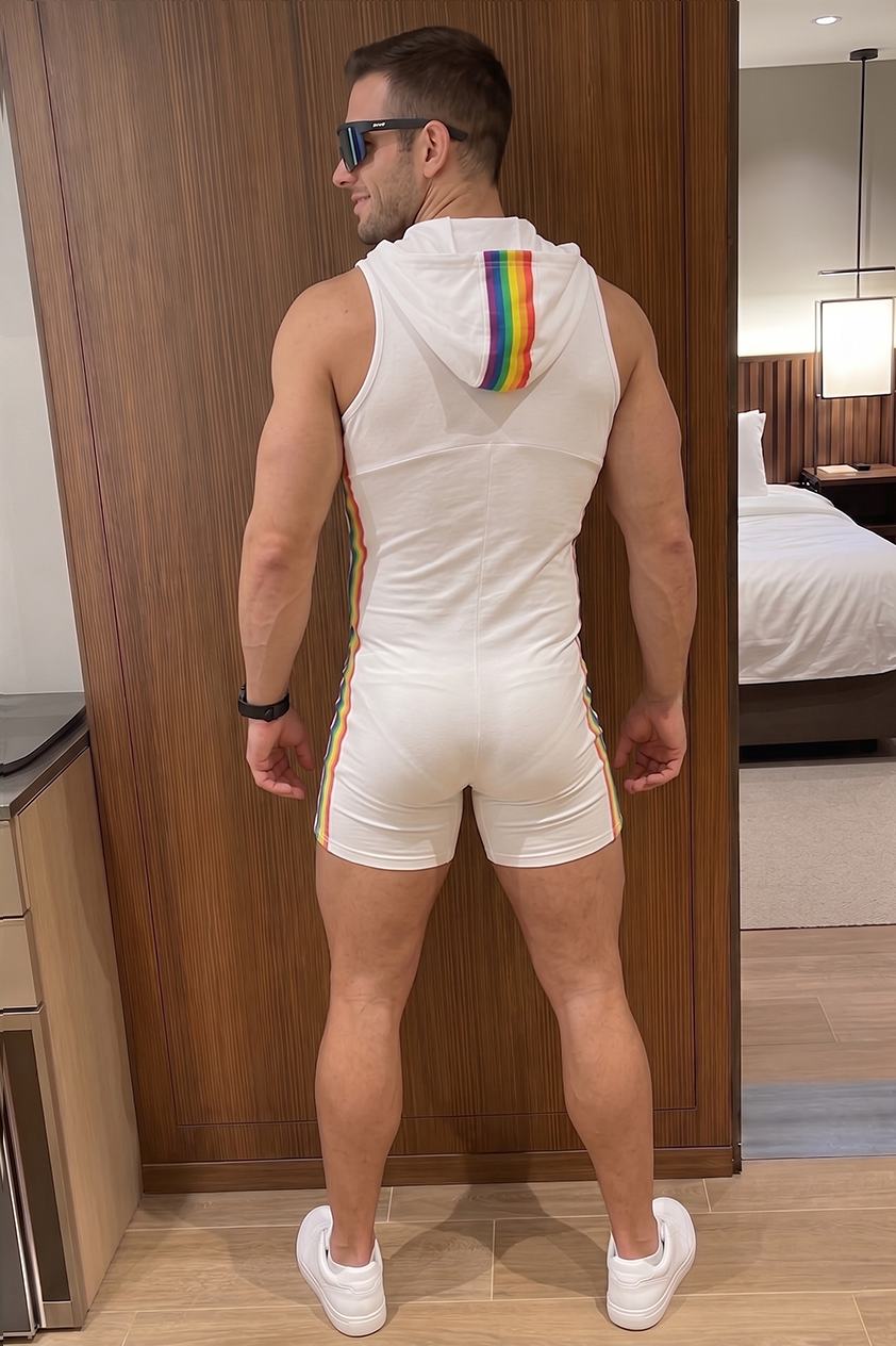 Men's Pride Hooded Romper – White Sleeveless Zip-Up Bodysuit with Rainbow Side Stripes