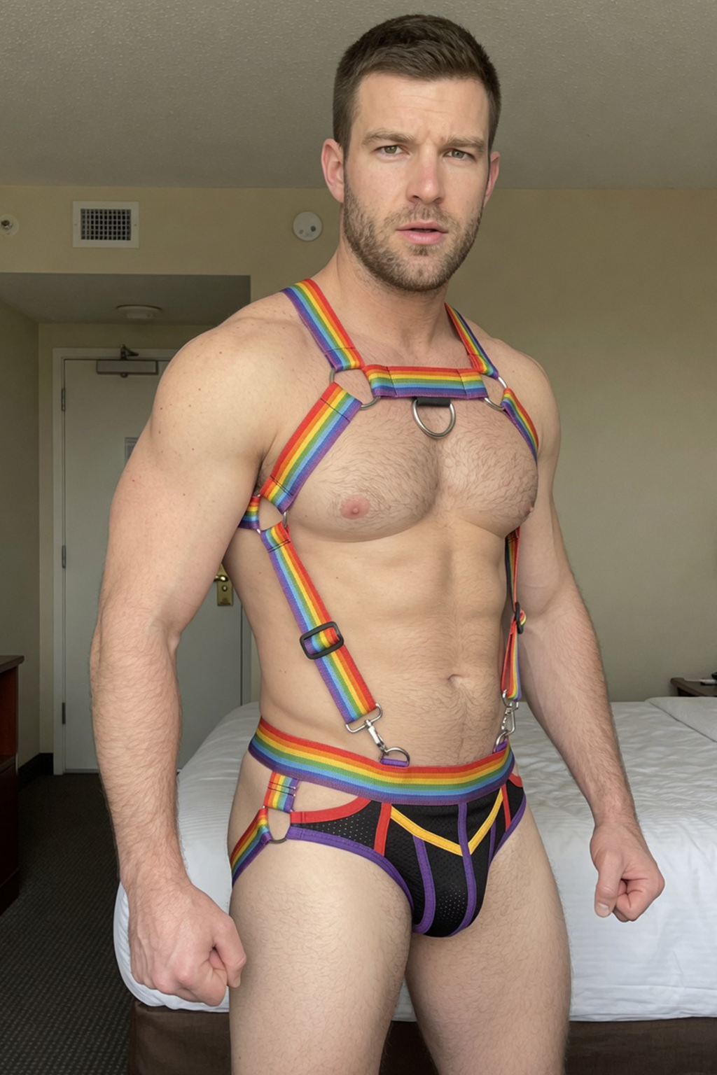 Men's Rainbow Pride Elastic Body Harness & Mesh Jockstrap Set