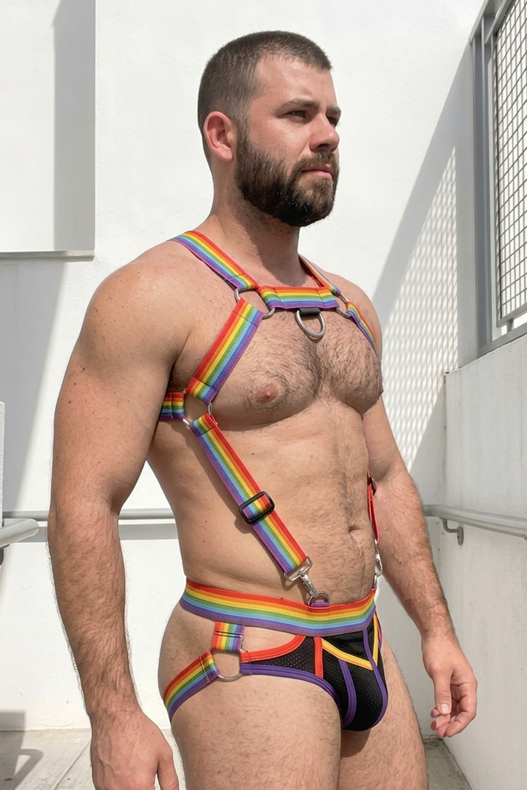 Men's Rainbow Pride Elastic Body Harness & Mesh Jockstrap Set