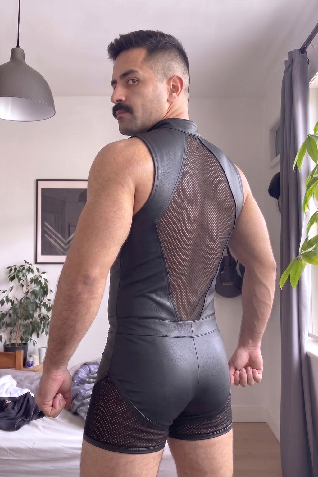 Joyglove Black PU Leather & Mesh Singlet, Zip-Front One-Piece with Breathable Back Panel