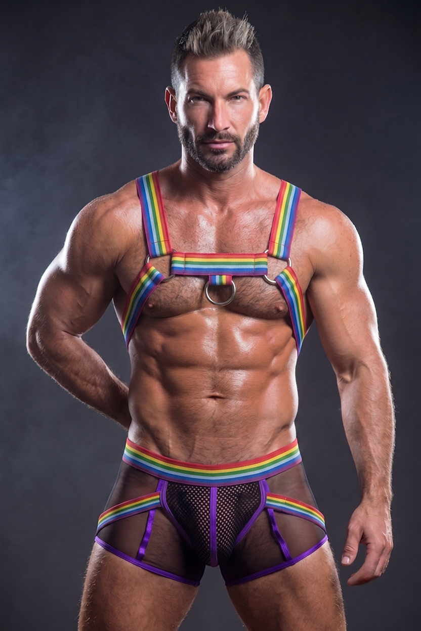 Joyglove Rainbow Stripe Men’s Harness Set with Mesh Briefs and Metal Ring Detail