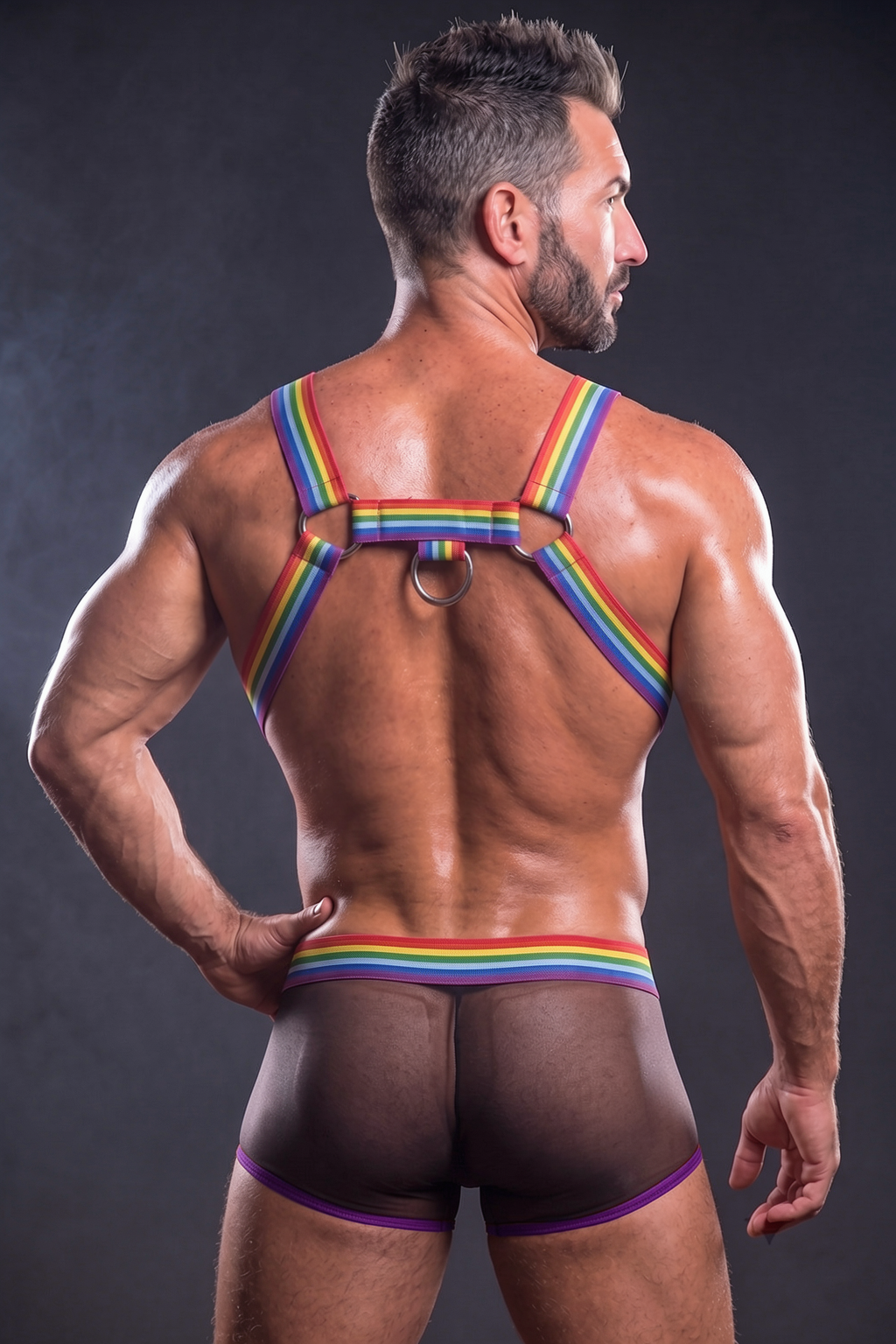 Joyglove Rainbow Stripe Men’s Harness Set with Mesh Briefs and Metal Ring Detail