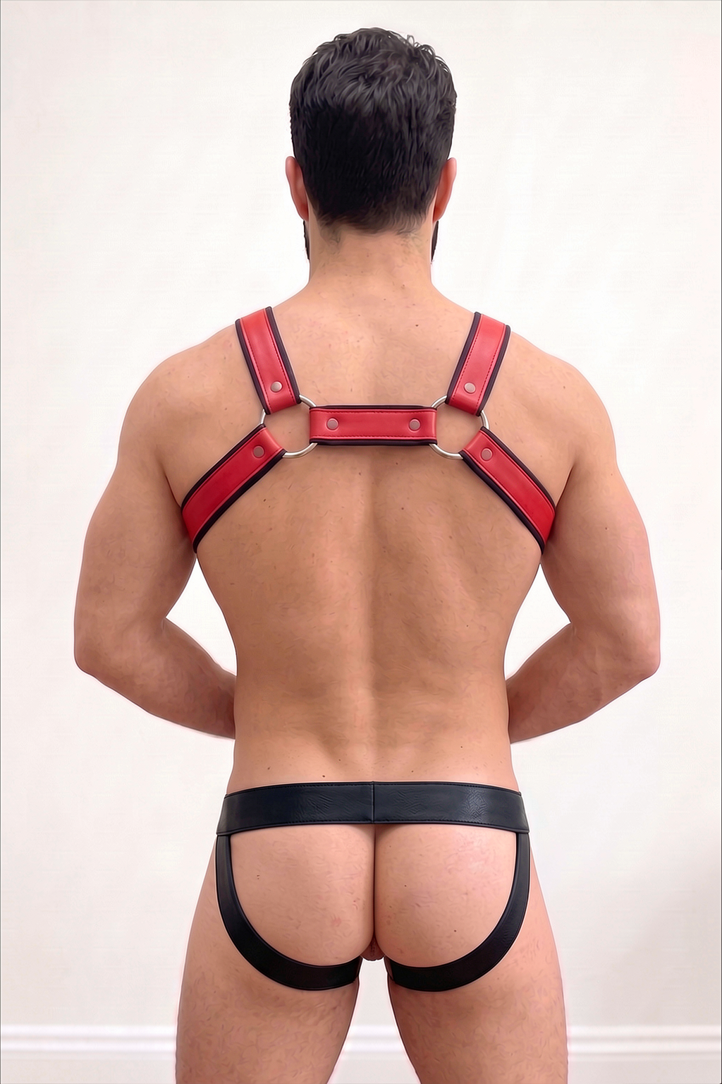 Joyglove Red & Black Leather-Style Harness Set — Chest Straps + Jockstrap Brief