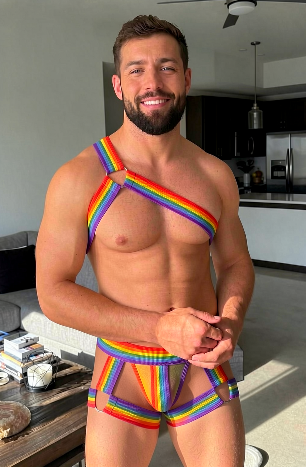 Joyglove Rainbow Pride Harness Set — One-Shoulder Chest Strap + Matching Jock with Leg Straps