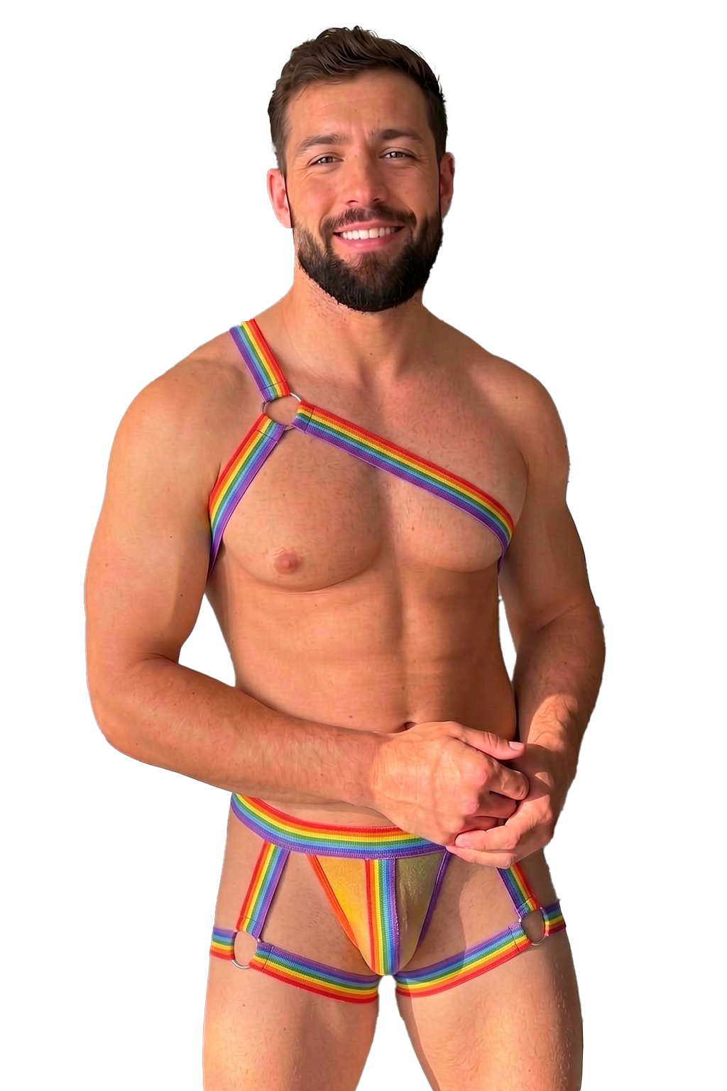 Joyglove Rainbow Pride Harness Set — One-Shoulder Chest Strap + Matching Jock with Leg Straps