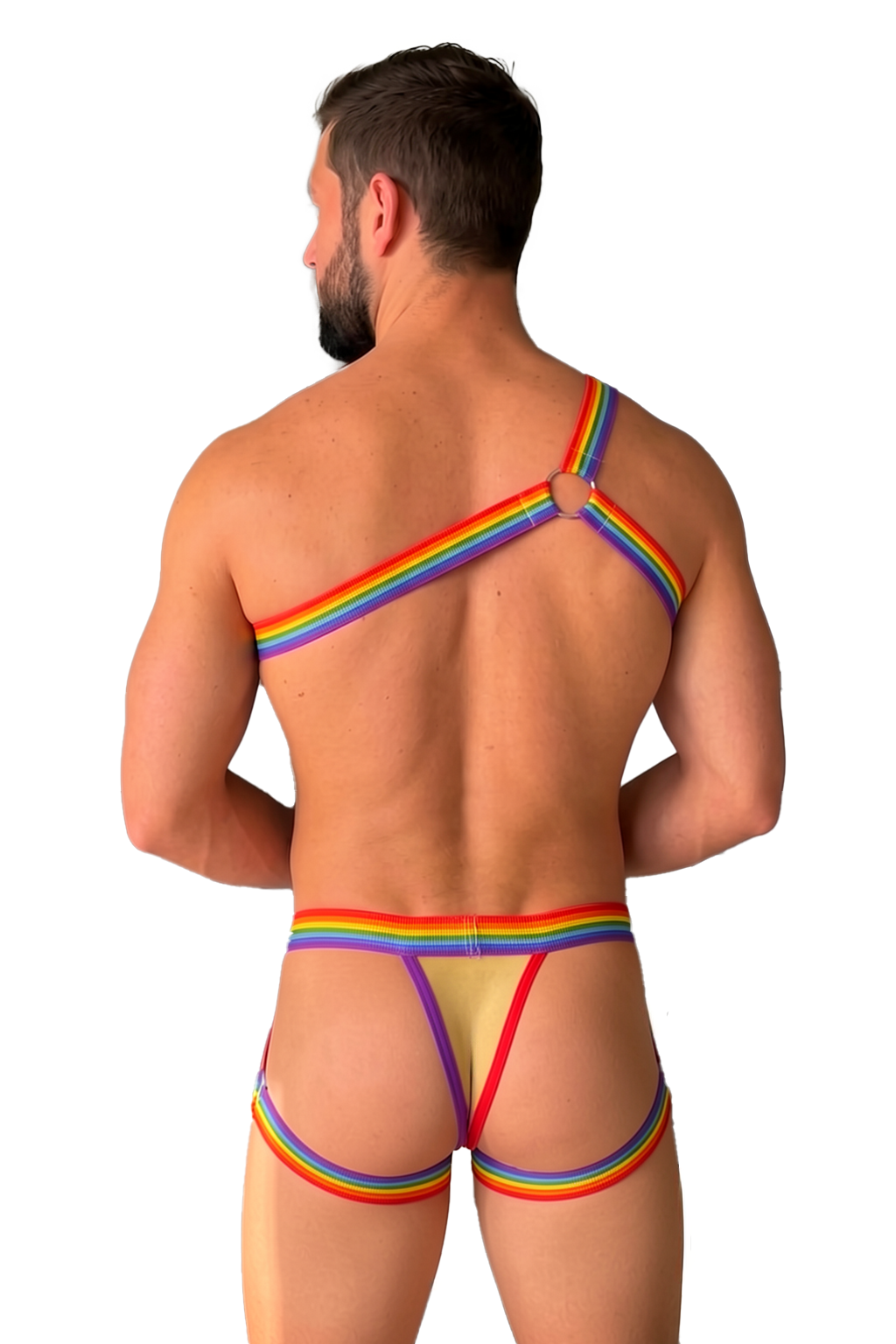 Joyglove Rainbow Pride Harness Set — One-Shoulder Chest Strap + Matching Jock with Leg Straps