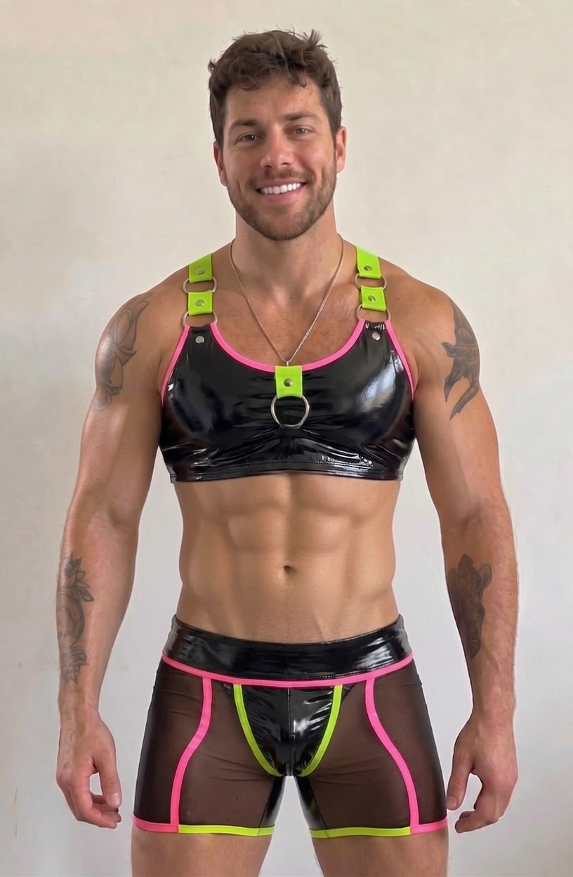 Joyglove Glossy Black & Neon Harness Set — O-Ring Crop Top + Sheer Mesh Boxer Briefs
