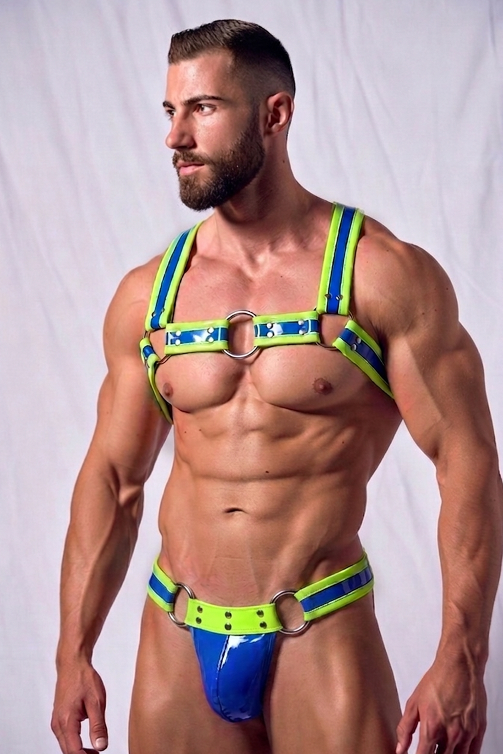 Joyglove Electric Blue & Lime Harness Set — Glossy Chest Harness + Matching Pouch Brief
