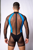 Joyglove Blue & Black Sheer Mesh Bodysuit — Long Sleeve, High Neck, Back Zip, Sculpted Panels