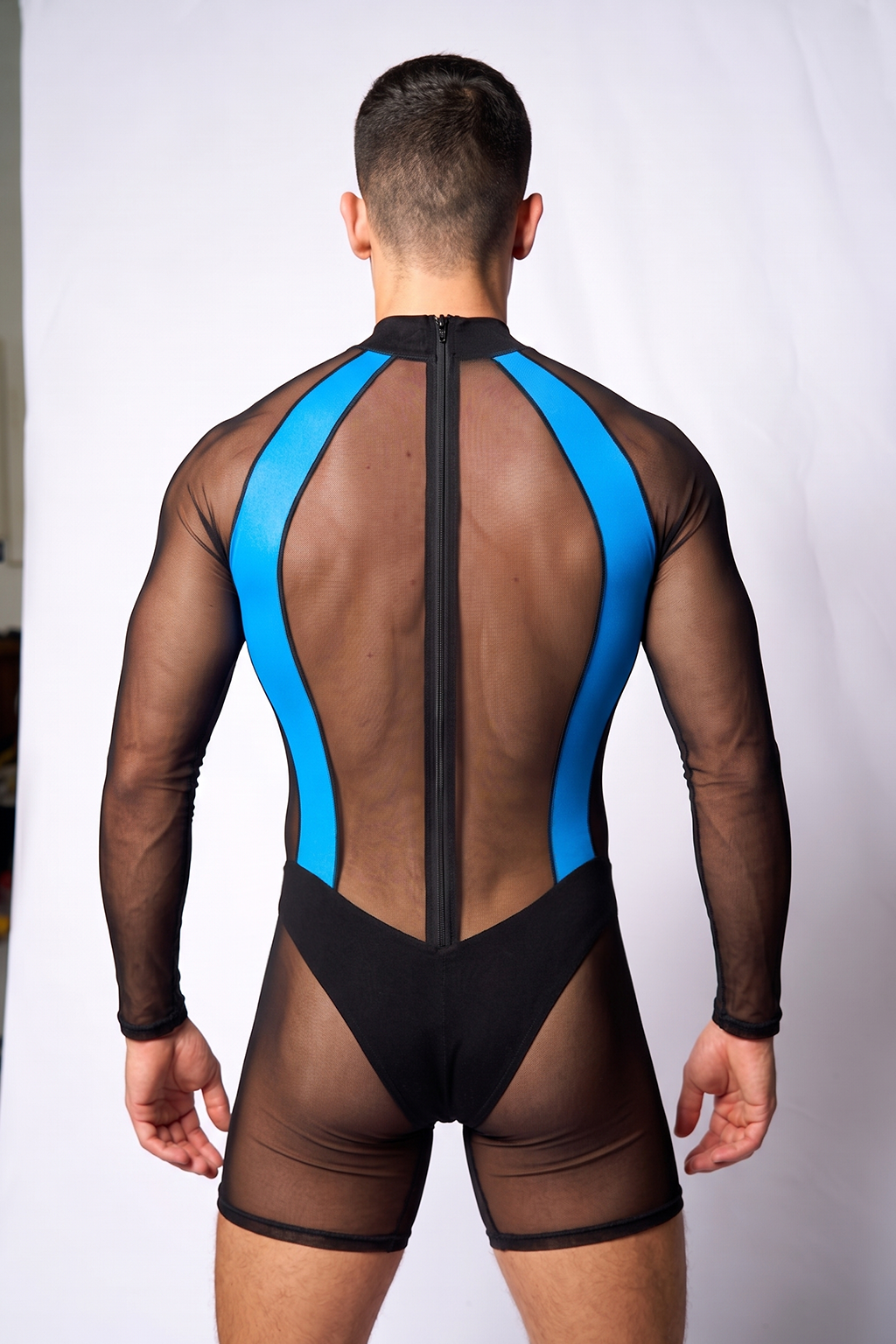 Joyglove Blue & Black Sheer Mesh Bodysuit — Long Sleeve, High Neck, Back Zip, Sculpted Panels