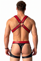 Joyglove Red & Black PU Leather Harness Set — O-Ring Chest Harness + Strappy Jock with Thigh Bands