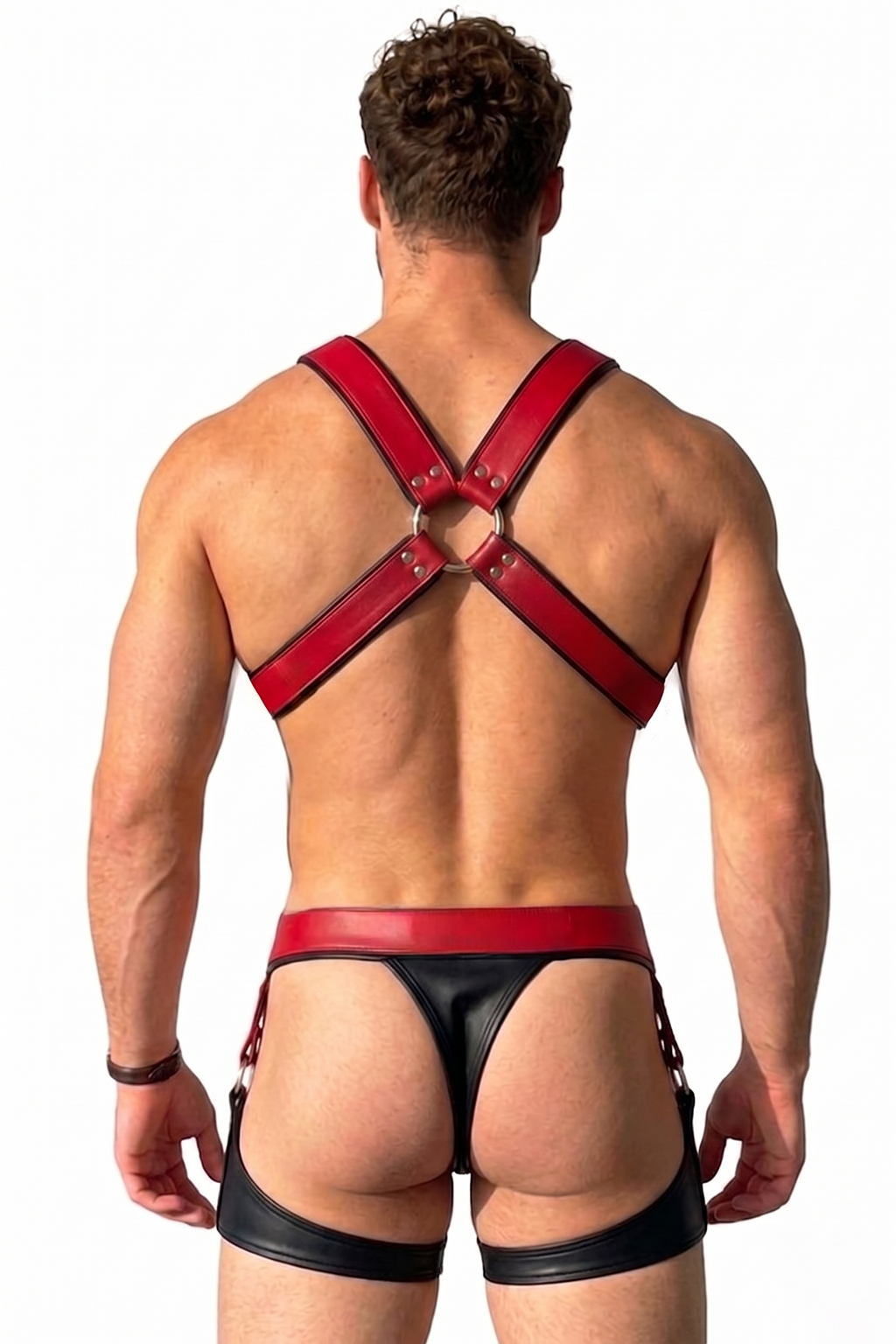 Joyglove Red & Black PU Leather Harness Set — O-Ring Chest Harness + Strappy Jock with Thigh Bands