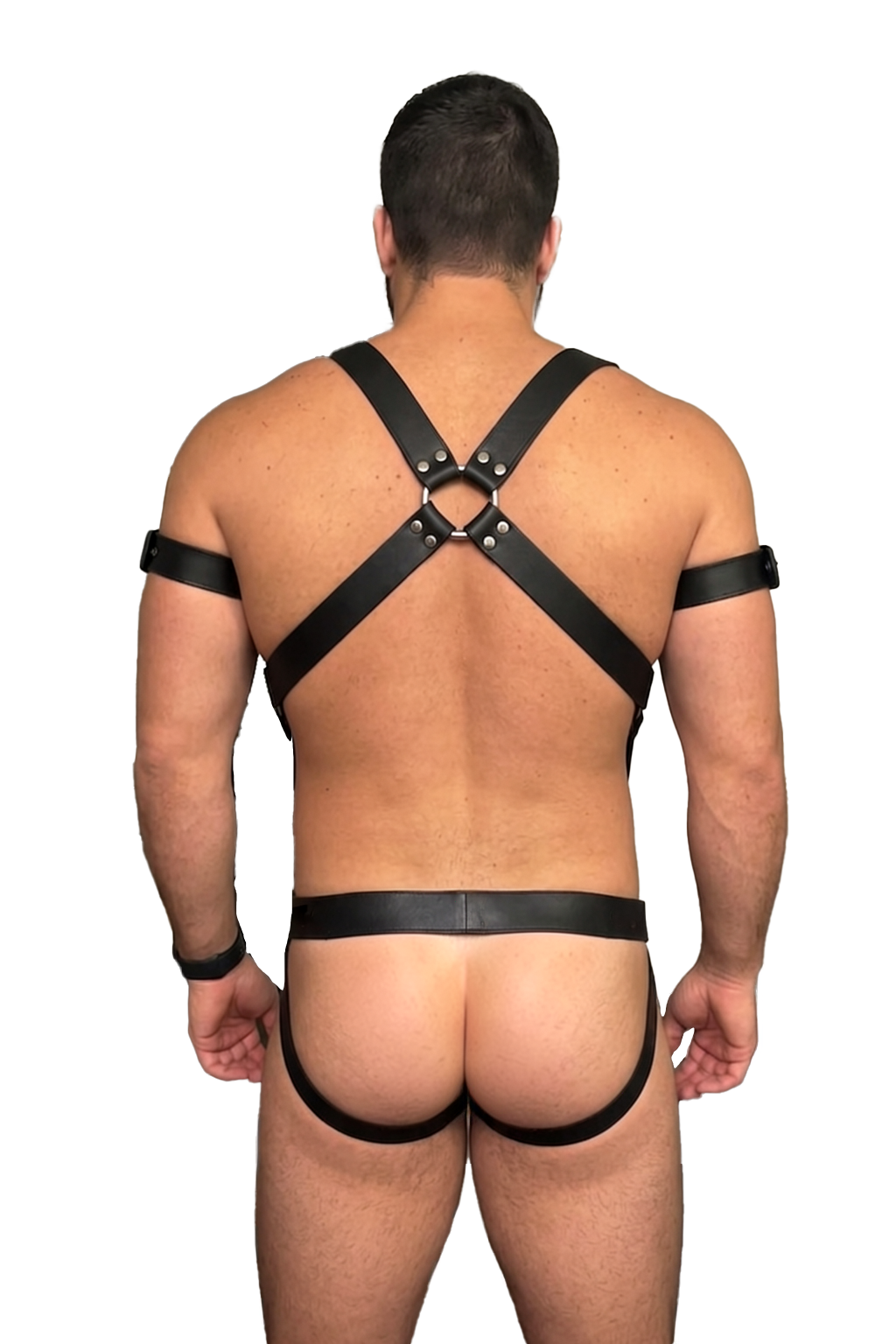 Joyglove Black PU Leather Harness Set — O-Ring Back Straps + Metallic Jockstrap (No Gloves/Armbands)