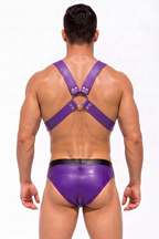 Joyglove Purple & Black PU Leather Harness Set — O-Ring Chest Strap + Matching Pouch Brief