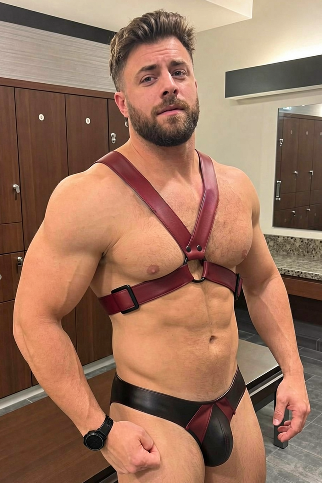 Joyglove Men’s PU Leather Harness & Brief — Adjustable Buckle Straps, Metal Ring Front, Sleek Two-Tone