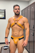 Joyglove Men’s PU Leather Chest Harness & Brief — Ring-Front Design, Adjustable Straps, Bold Colorblock